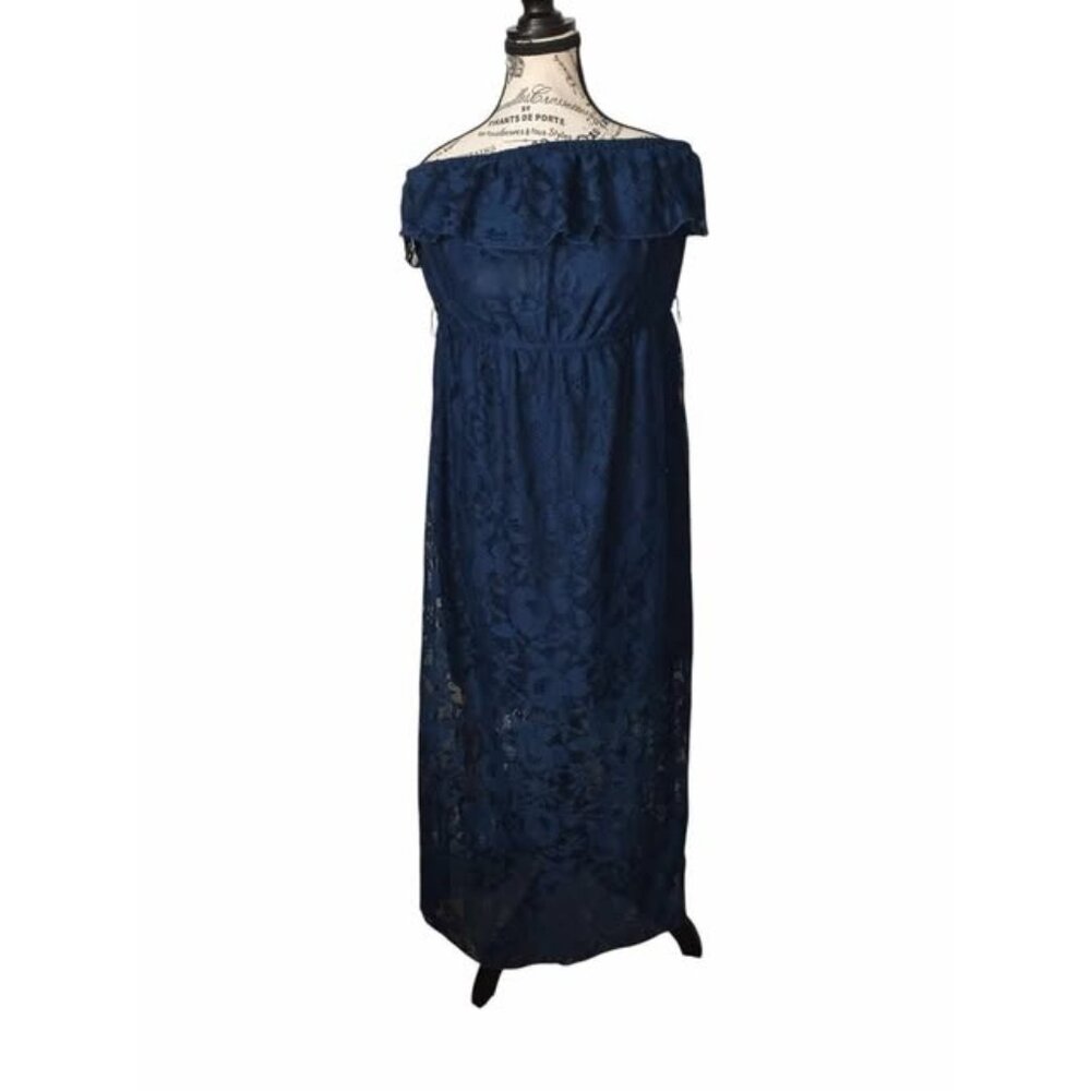 Deb Womens 1X Navy Lace Flowy Maxi Dress Off Shoulder Strap‎ Boho Resort Summer